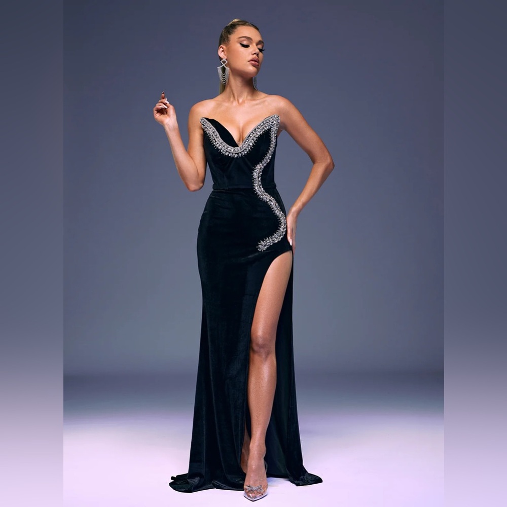 Selene Strapless Crystal Velvet Maxi Dress
